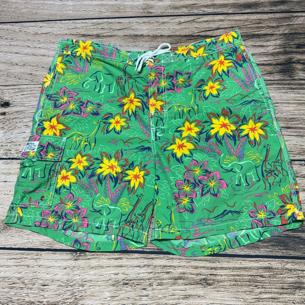 Polo Ralph Lauren Swim Trunks Mens XL Green Tropical Safari Elephant Floral